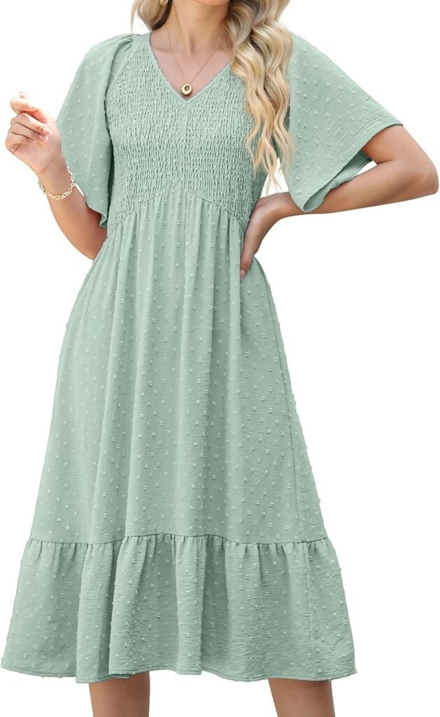 GRECERELLE Womens Summer Casual Midi Maxi Dress V Neck Flared Sleeve Elastic Waist Cocktail Long Dresses for Women (Black, S)