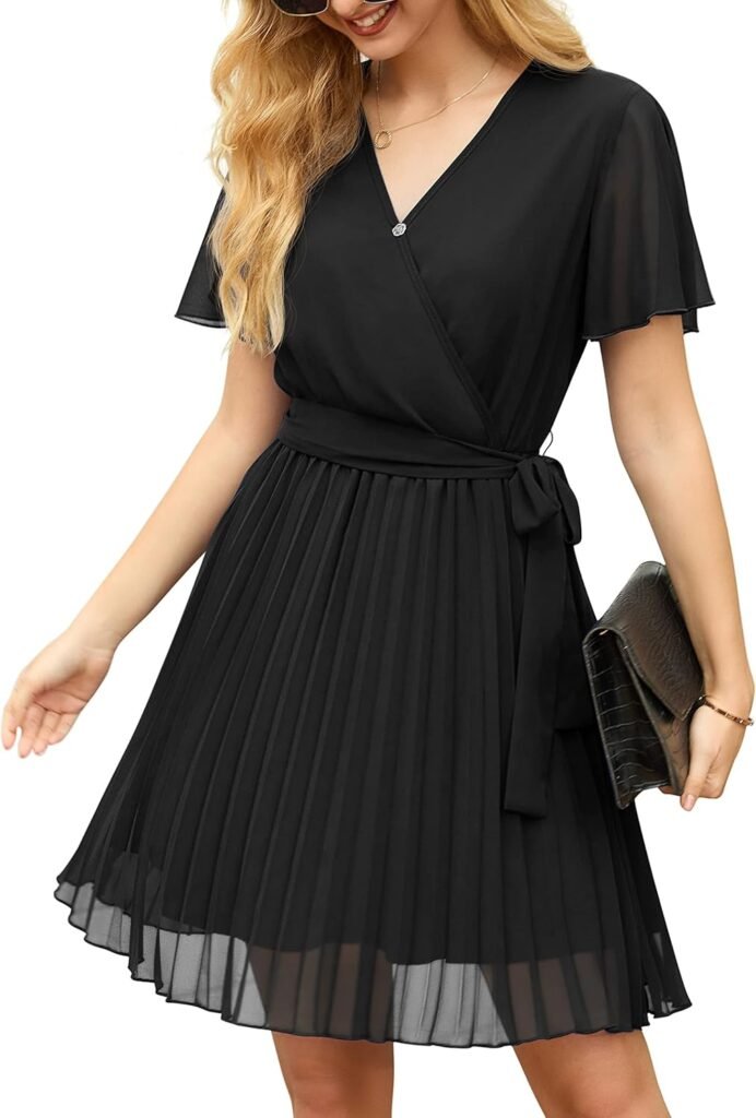 GRECERELLE Womens Summer Casual Wrap Dress Chiffon Cute Pleated Beach Tie Waist Dresses for Women