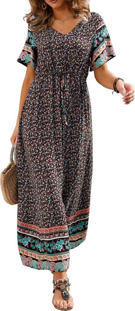 GRECERELLE Womens Summer Maxi Boho Beach Dress Floral Print Dress V Neck Short Sleeve Drawstring High Waist Flowy Long Midi Dresses GRECERELLE Womens Summer Maxi Boho Beach Dress Floral Print Dress V Neck Short Sleeve Drawstring High Waist Flowy Long Midi Dresses