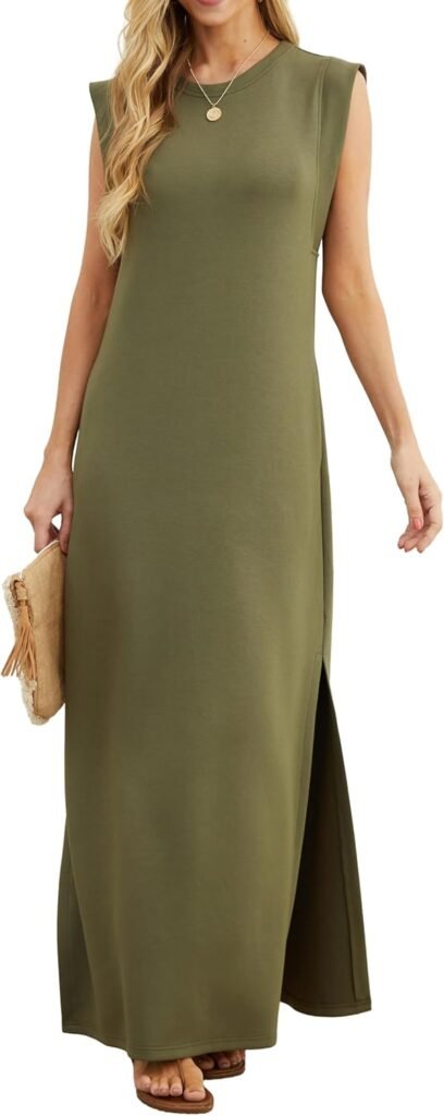 GRECERELLE Womens Summer Maxi Dress Casual Shirt Dresses Elegant Styles Basic Sleeveless Maxi Dresses for Women UK with Split and Pockets