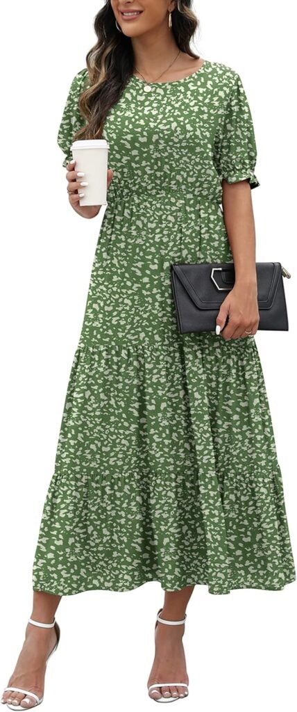 GRECERELLE Womens Summer Midi Dress Floral Print Boho Dress Ruffle Puff Sleeve High Waist A-Line Casual Boho Cocktail Holiday Beach Long Dress for Ladies