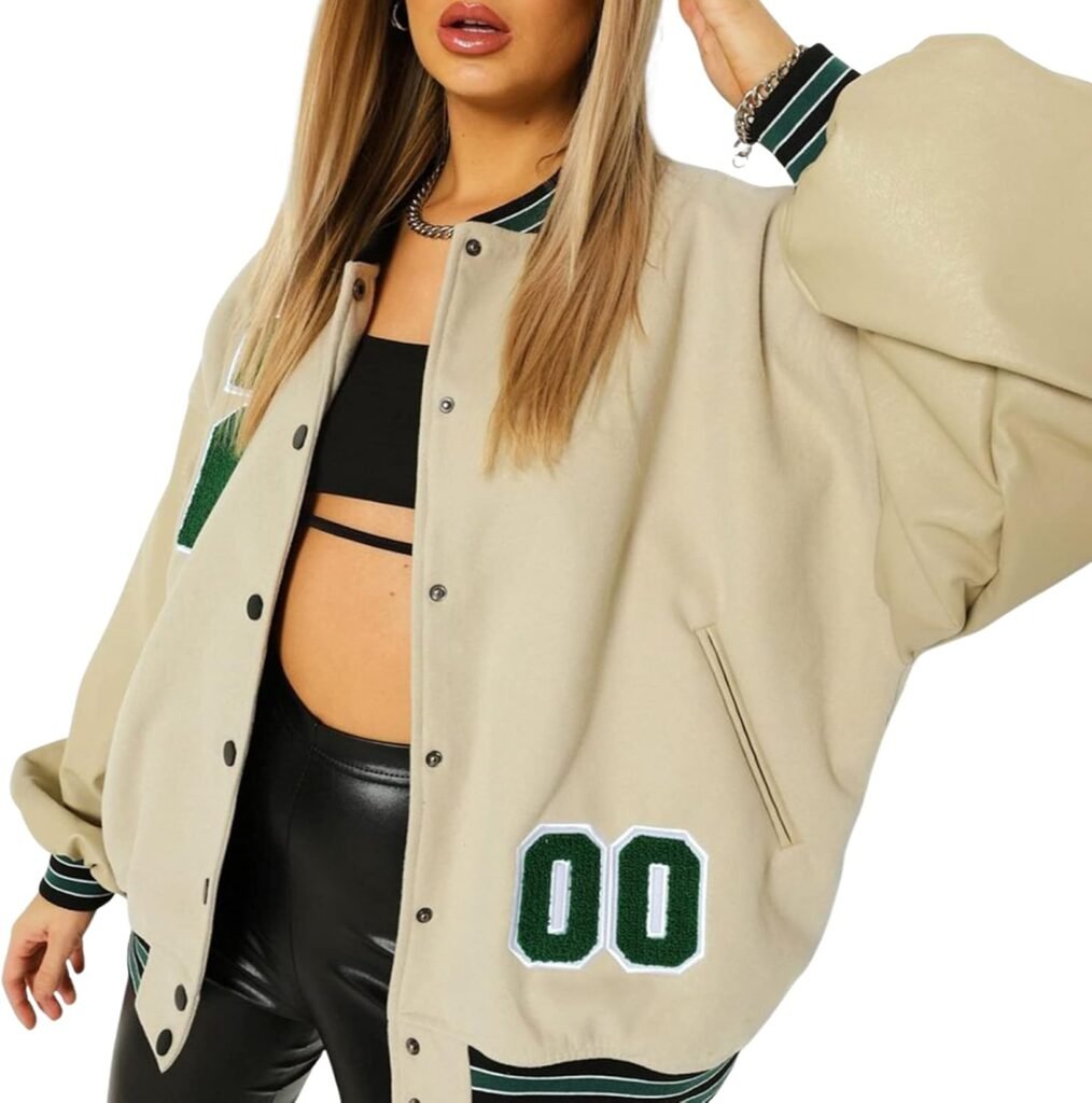 Geagodelia Varsity Jacket College Baseball Bomber Jacket for Women Vintage Oversized Sweatshirt for Teenager Girls Button Down Y2K Fashion Top