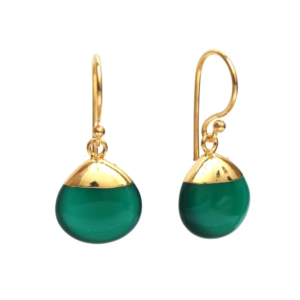 Gempires Natural Green Onyx Dangle Drop Earrings, Birthstone Jewelry, Onyx Earrings for Women, Thank You Gift, 14k Gold Plated Hook