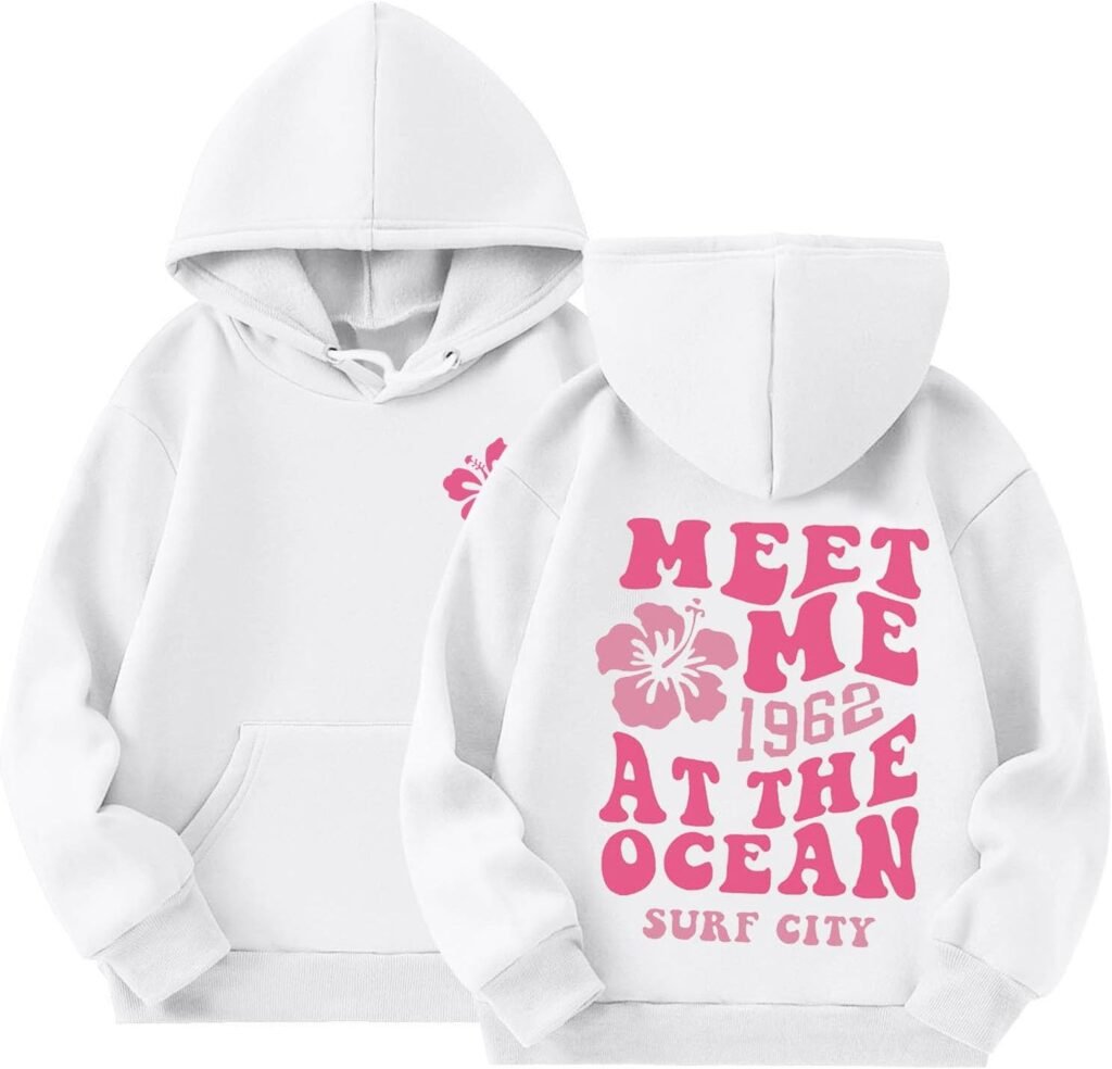 Girl’s Hoodie Oversize Back Print Meet Me 1962 At The Ocean Surf City Hoodie Girls Long Sleeve Hooded Graphic Preppy Sweatshirt Teen Hoodie Long Shirt Modern Sweatshirts