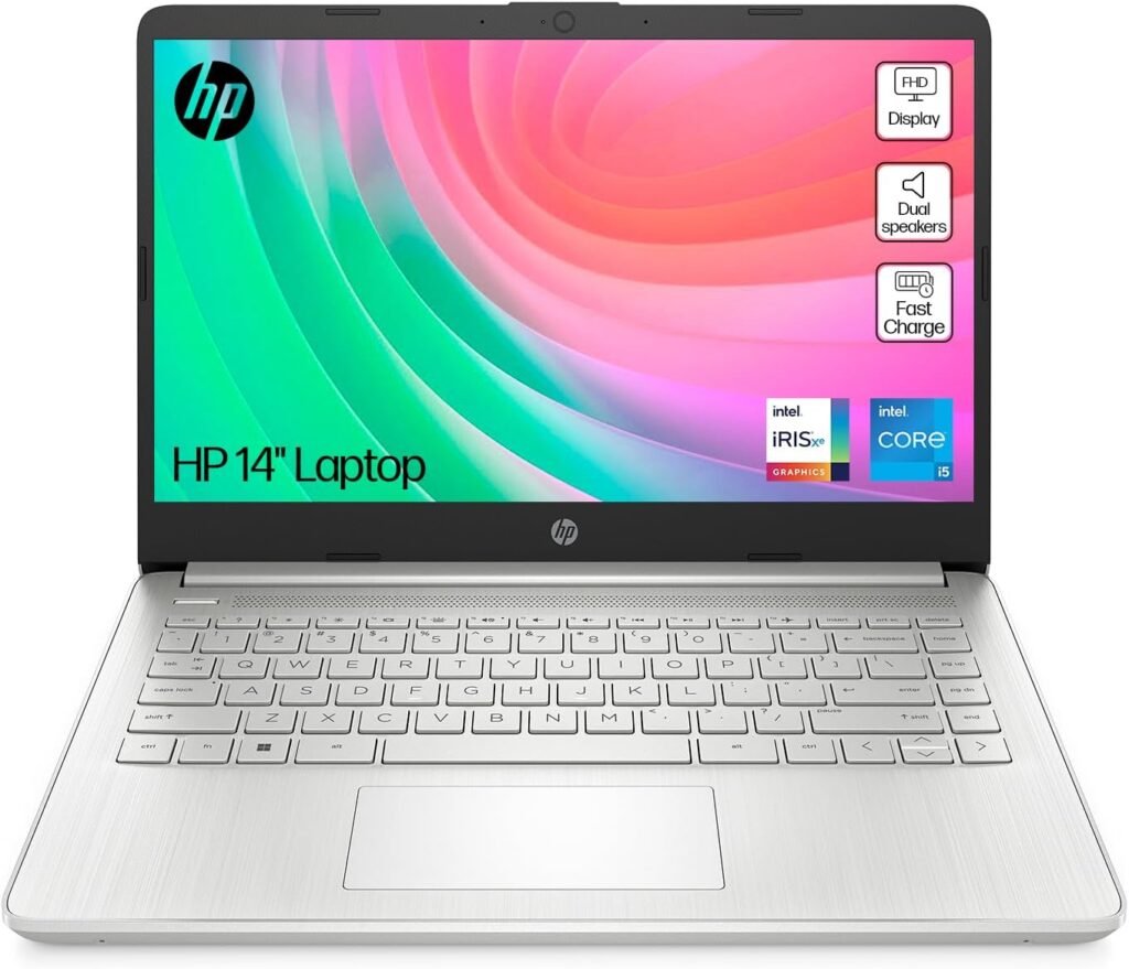 HP 14″ Laptop, Intel Core i5-1235U Processor, 8 GB RAM, 512 GB SSD, Intel Iris Xe Graphics, FHD Display, Up to 8hrs battery, Win 11, Dual Speakers, Natural Silver, 14s-dq5005sa