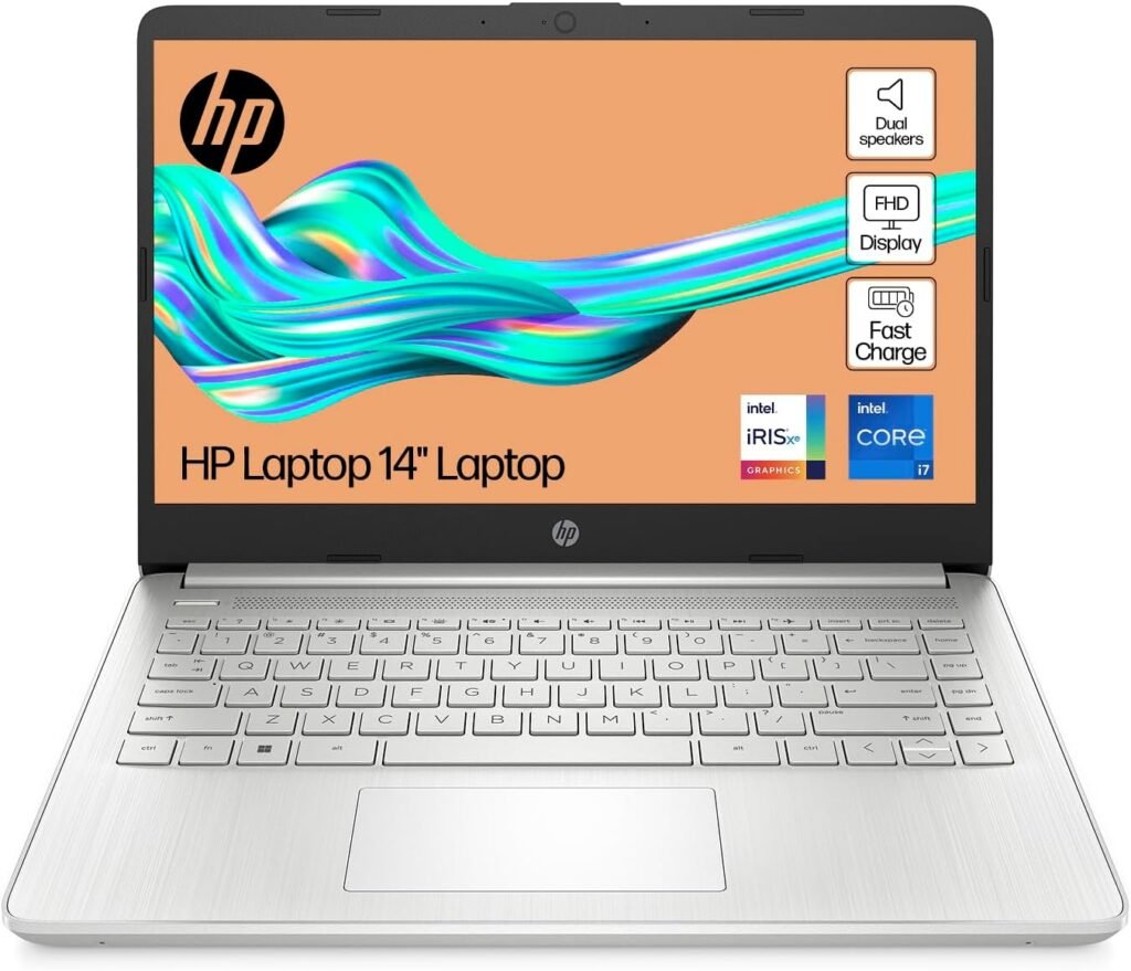 HP 14″ Laptop | Intel Core i7-1255U Processor | 16 GB RAM | 512 GB SSD | Intel Iris Xe Graphics | FHD Display | Up to 8hrs battery | Win 11 | Dual Speakers | Natural Silver | 14s-dq5007sa