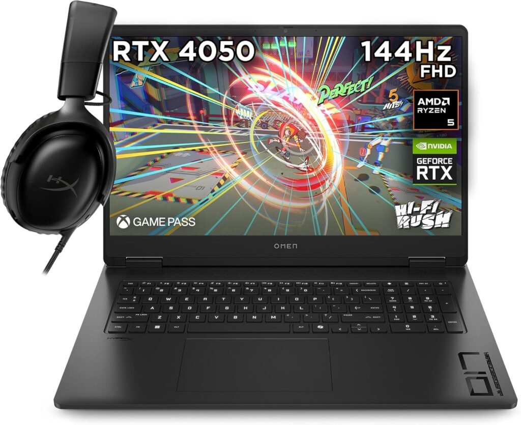 HP Omen 17″ Gaming Laptop and HyperX Cloud III Wired Headset Bundle, AMD Ryzen 5-8645HS, AI Enhanced, 16 GB RAM, 1TB SSD, NVIDIA GeForce RTX 4050 Graphics, FHD Display, 144Hz, Black, 17-db0015sa