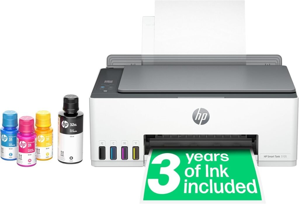 HP Smart Tank 5105 All in One Printer | Perfect for Home | Colour | Wireless | Print, Scan, Copy | Refillable, Includes up to 3 Years of Ink | Smart Buttons | Easy Setup | Reliable Wi-Fi