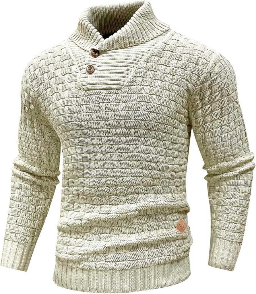 HYPESTFIT Mens Knitted Sweater Crew Neck Warm Long Sleeve Pullover Textured Ribbed Edge Top
