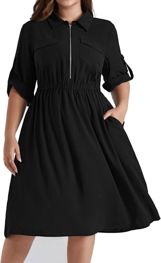 Hanna Nikole Women’s Plus Size V-Neck Lapel A-Line Casual Dress Adjustable 3/4 Sleeve Dresses Elastic Waist Knee-Length Dresses with Pockets