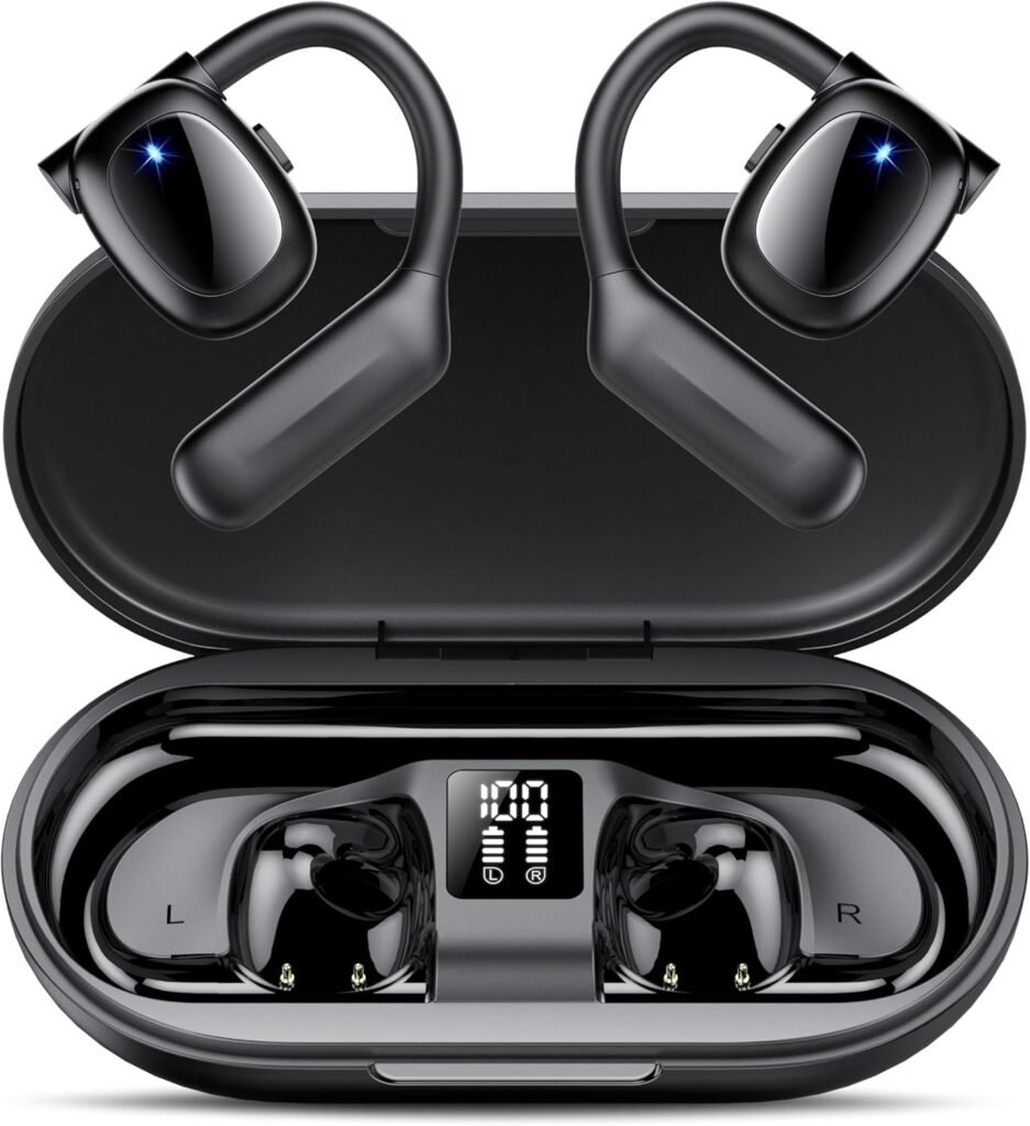 Hendari Open Ear Headphones, Air Conduction Tech, Bluetooth 5.3 Wireless Earbuds with Ear Hooks, Over Ear Earphones for Sports, Stereo Sound, 75H Playtime, with LED Charging Case, IPX5 Waterproof