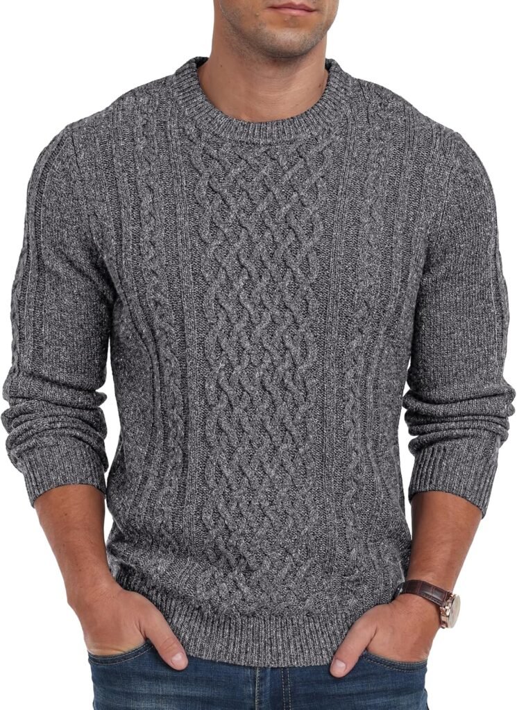 Hisir Men’s Cable Knit Jumpers Crew Neck Winter Thick Warm Long Sleeve Pullover Sweater for Men UK