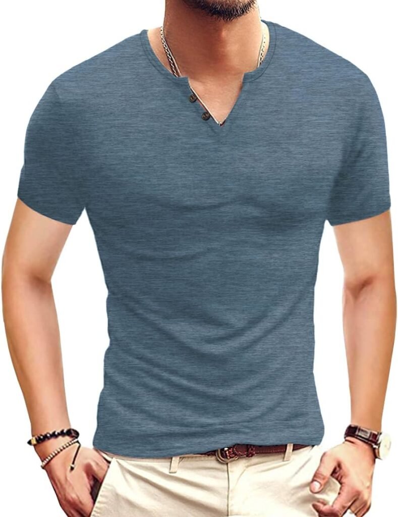 Hisir Mens Casual Short Sleeve Henley Summer Tshirt Classic V-Neck Slim Fit Tops