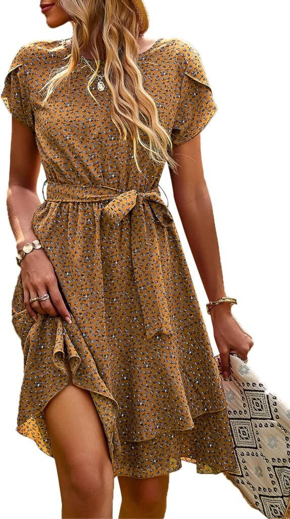 IFFEI Women Summer Boho Midi Dresses Solid 2024 Beach Flowy A Line Ruffle Hem Casual Dress with Belt