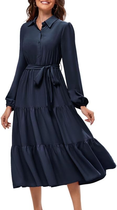 JASAMBAC Women’s Button Down Shirt Dress Long Sleeve Casual Dresses Collared Tiered Dress Polo Neck Midi Dresses Ruffle Pleated A Line Elegant Dresses Flowy Dress with Pockets