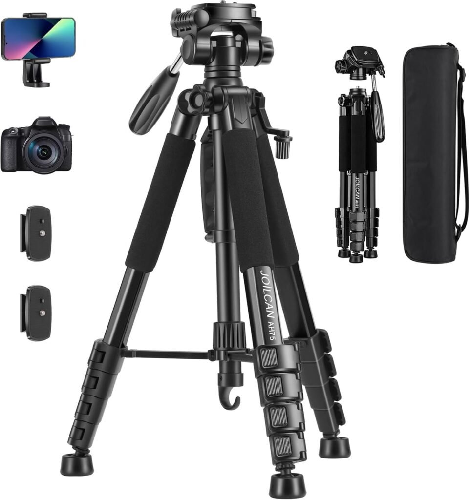 JOILCAN Camera Tripod for Canon Nikon, 74″ Lightweight DSLR Tripod Camera Stand with Detachable Head and Universal Phone Mount, Reinforced Aluminum Tall Tripod for Vlog Live Streaming Max Load 14LB