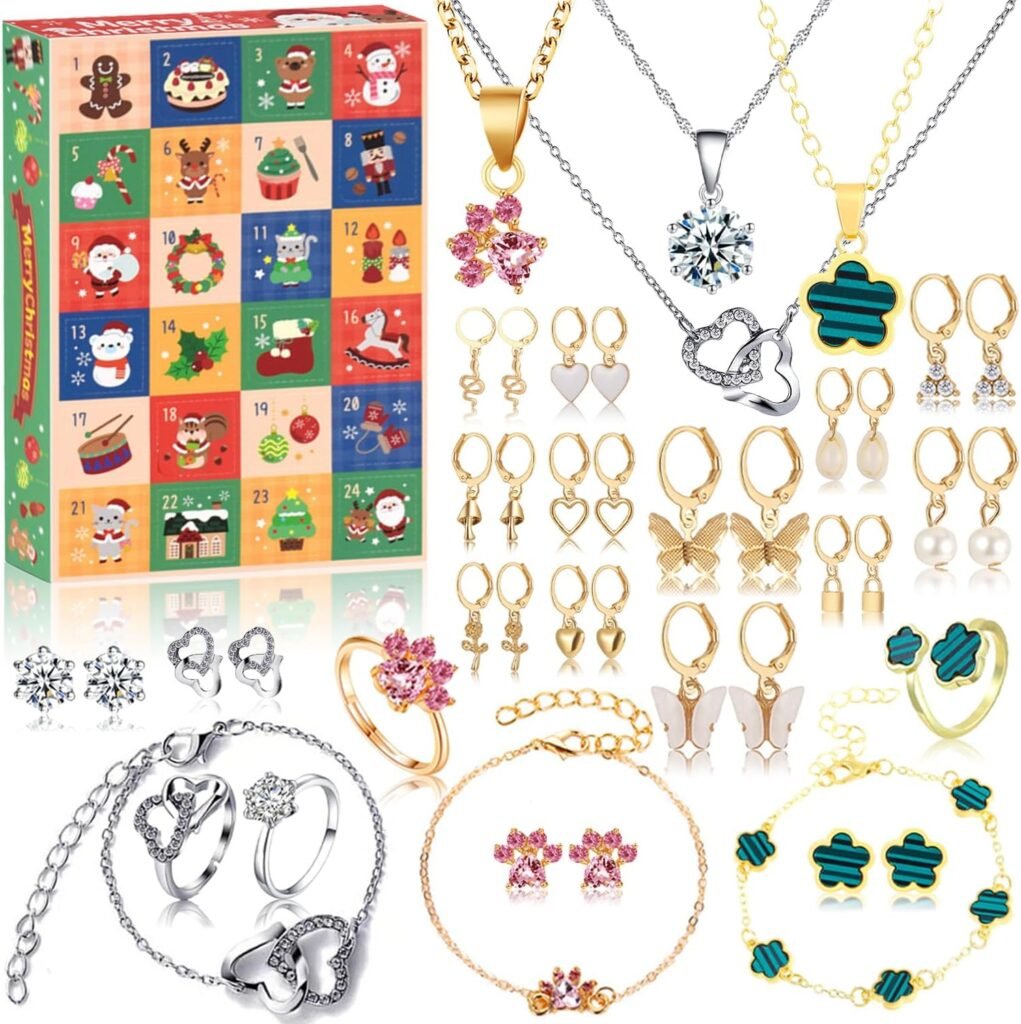 Jewellery Advent Calendar for Women – Christmas Countdown 2024 Luxury Jewelry for Adults Ladies Women Teenage Girls – 24 Days Xmas Surprise Gifts Advent Calendar with Bracelet Necklace Earring Ring