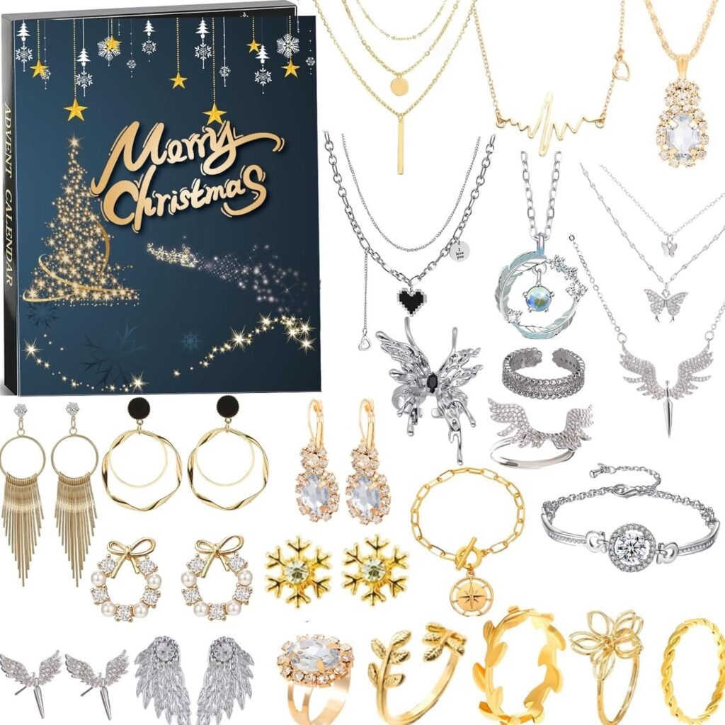 Jewelry Advent Calendar 2024 Adults Women Teen Girls,24 Day Christmas Countdown Calendar with Necklace Rings and Earrings Xmas Surprise Gifts for Mom Girlfriend Sister Daughter