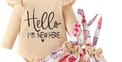 JiAmy Baby Girls Outifts Set, Newborn Clothes Hello I’m New Here Ruffle Long Sleeve Bodysuit and Strap Dress with Headband 3pcs Clothing Sets for 0-18 Months