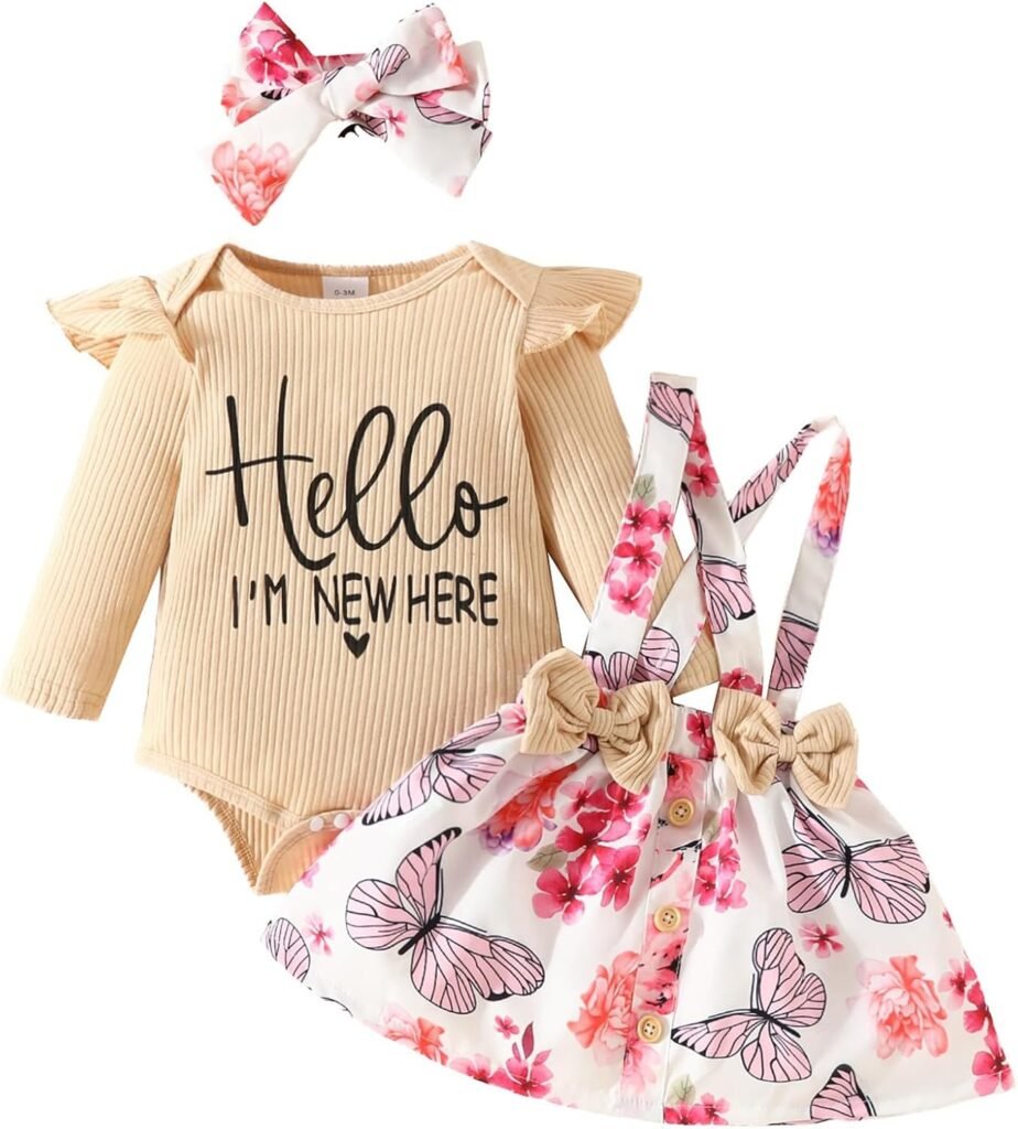 JiAmy Baby Girls Outifts Set, Newborn Clothes Hello I’m New Here Ruffle Long Sleeve Bodysuit and Strap Dress with Headband 3pcs Clothing Sets for 0-18 Months JiAmy Baby Girls Outifts Set, Newborn Clothes Hello I’m New Here Ruffle Long Sleeve Bodysuit and Strap Dress with Headband 3pcs Clothing Sets for 0-18 Months