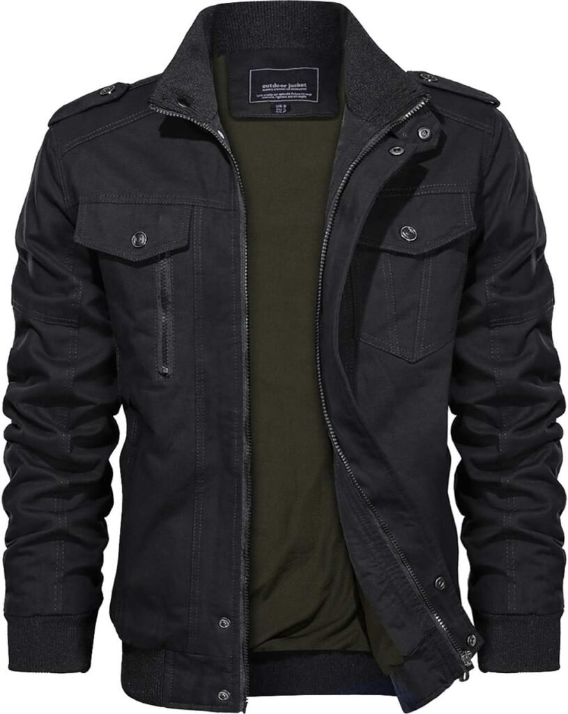 KEFITEVD Men’s Cotton Military Bomber Jacket, Windproof, 5 Pockets, Regular Fit, Slim Style, Coat