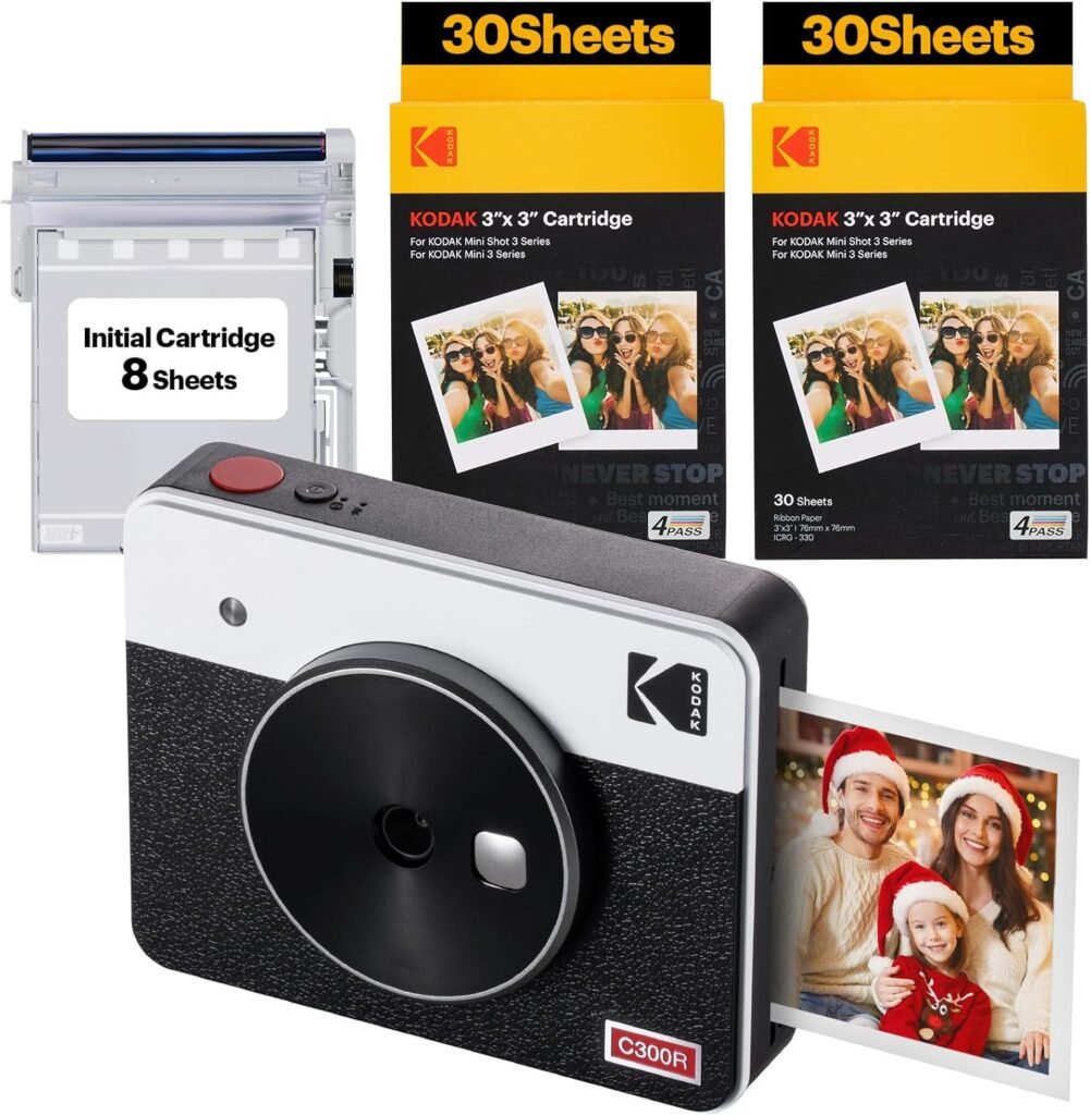 KODAK Mini Shot 3 Retro Christmas Gifts 4PASS 2-in-1 Instant Camera and Portable Photo Printer (7.6 x 7.6 cm) plus Package with 68 Sheets, White