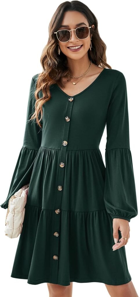 KOJOOIN Women Casual Dress Tunic Long Sleeve Shirt V-Neck Loose Swing Dress Knee Lenth Boho Dress