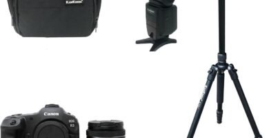 KamKorda Camera Bag + Flash + Tripod + R3 Mirrorless Digital Camera + Adapter + RF 24-105mm f/4-7.1 24MP Full Frame CMOS Sensor, DIGIC X Image Processor, 0 Bit Internal Video Vertical Grip