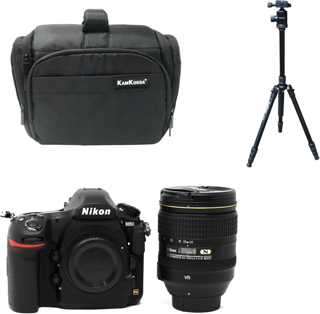 KamKorda Camera Bag + Tripod + D850 DSLR Camera + AF-S NIKKOR 24-120mm f/4G ED VR Lens, 45.7MP FX-Format BSI CMOS Sensor, EXPEED 5 Image Processor, 3.2″ Tilting Touchscreen LCD + 2 Year Warranty