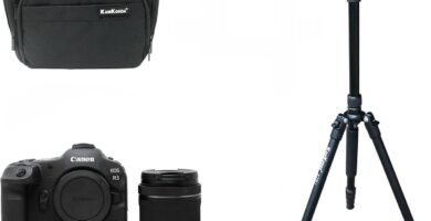 KamKorda Camera Bag + Tripod + R3 Mirrorless Digital Camera + Adapter +RF 24-105mm f/4-7.1 24MP Full Frame CMOS Sensor, DIGIC X Image Processor, 0 Bit Internal Video Vertical Grip