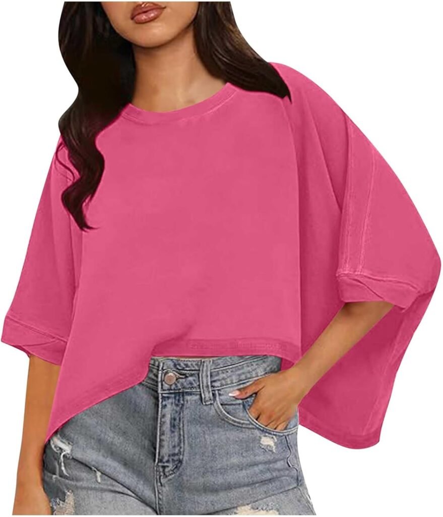 Keepink Oversized T Shirts for Women Plus Size Fashion Solid Color Short Sleeve Tops Summer Loose Workout Pullover Tees Crewneck Shirts Casual Y2K Blouses Fit Teen Girls
