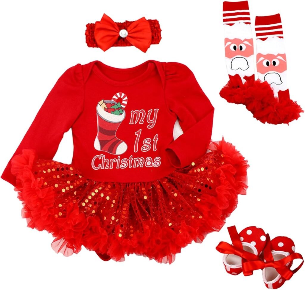 Kunyeah Baby Girls First Christmas Outfit Newborn Romper Tutu Dress Infant Xmas Skirt with Shoes Headband Leg Warmer