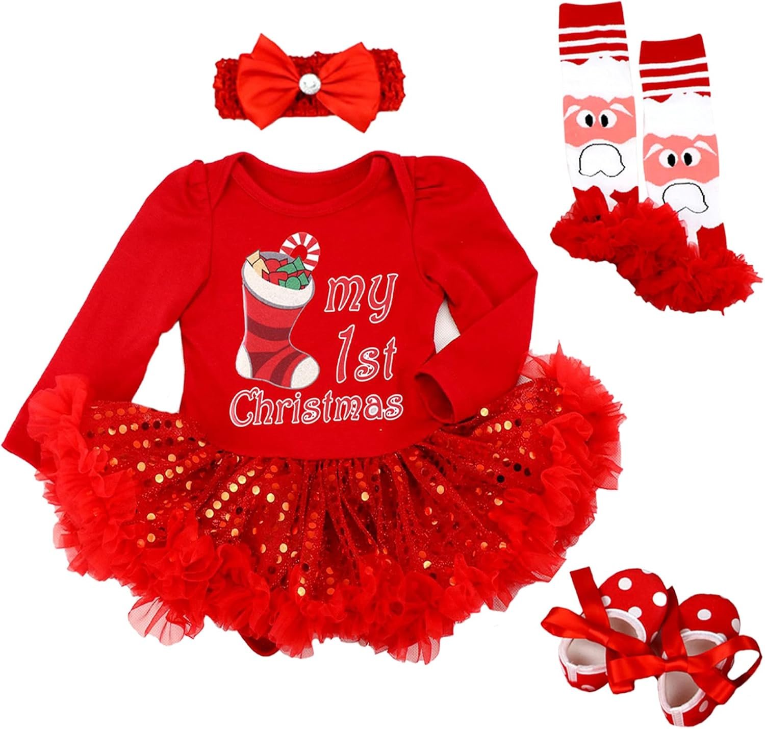 Kunyeah Baby Girls First Christmas Outfit Newborn Romper Tutu Dress Infant Xmas Skirt with Shoes Headband Leg Warmer Kunyeah Baby Girls First Christmas Outfit Newborn Romper Tutu Dress Infant Xmas Skirt with Shoes Headband Leg Warmer