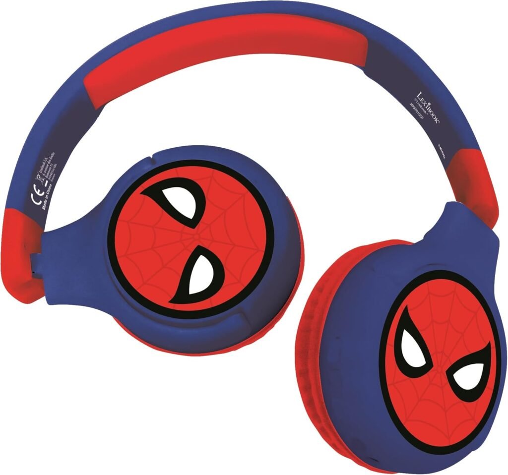 LEXIBOOK HPBT010SP Spiderman 2-in-1 Bluetooth Headphones Stereo Wireless Wired, Kids Safe for Boys Girls, Foldable, Adjustable, red/Blue, Black, Spider-Man