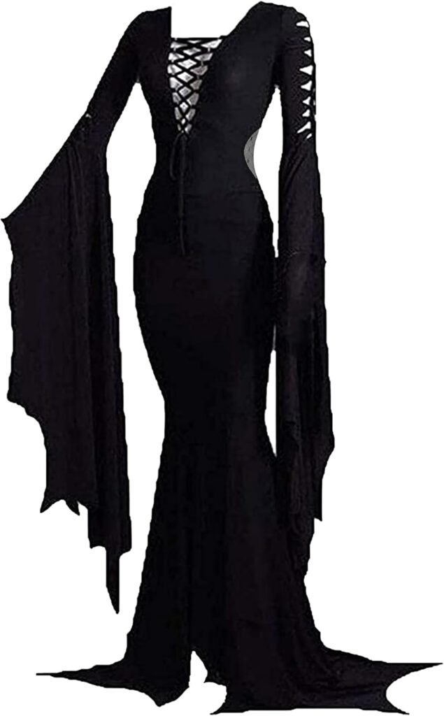 LVCBL Gothic Vintage Witch Style Deep V Shape Collared Long Sleeved Dress S-2XL