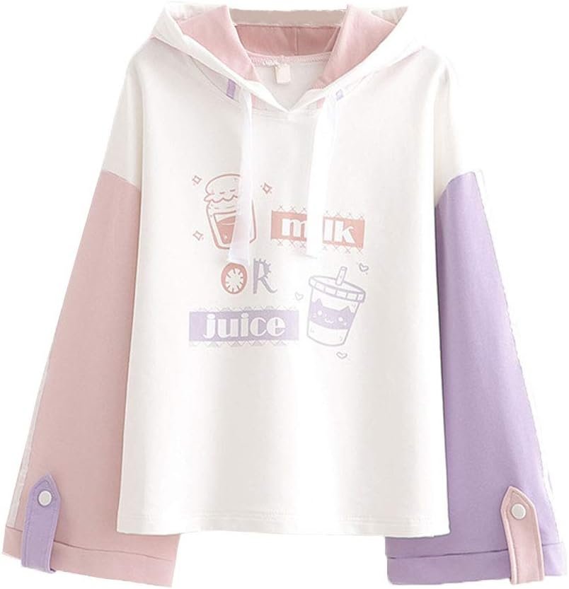 Lolita Casual Hoodies Teen Girls Patchwork Cute Cartoon Long Sleeve Tops