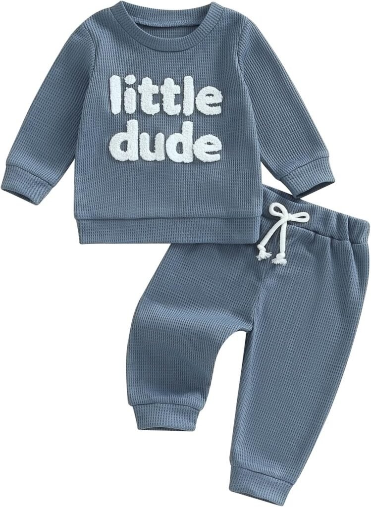 MAHUAOYIXI Infant Toddler Baby Boy Girl Fall Winter Clothes 2Pcs Set Long Sleeve Solid Color Sweatshirt Pullover Tops Letter Embroidery + Elastic Waist Pants Trousers Outfits Tracksuit