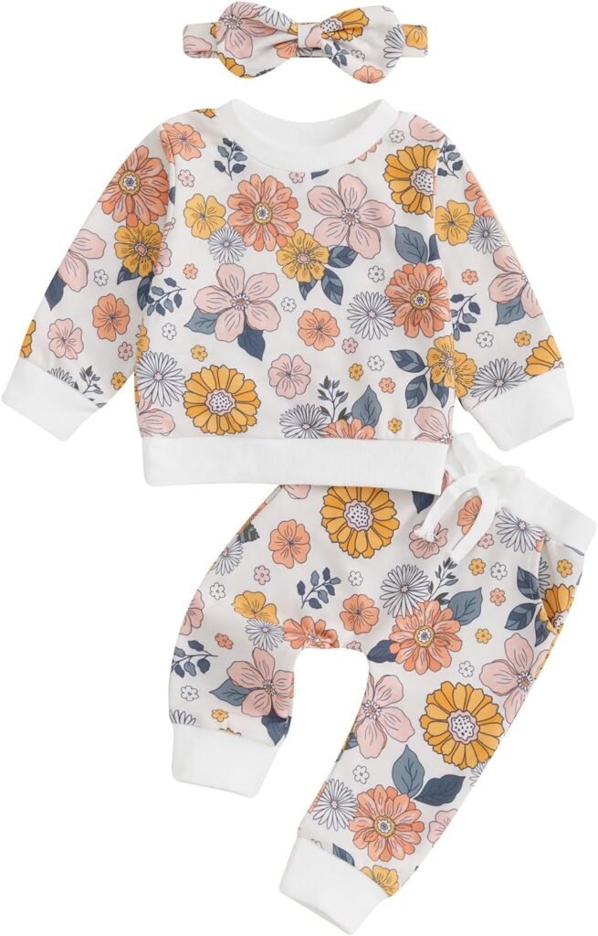 MAHUAOYIXI Toddler Baby Girls Outfits Floral Print Long Sleeve Round Neck Pullover Sweatshirt Top with Elastic Waist Pants and Bow Headband 3Pcs Set Baby Clothes for Girls MAHUAOYIXI Toddler Baby Girls Outfits Floral Print Long Sleeve Round Neck Pullover Sweatshirt Top with Elastic Waist Pants and Bow Headband 3Pcs Set Baby Clothes for Girls