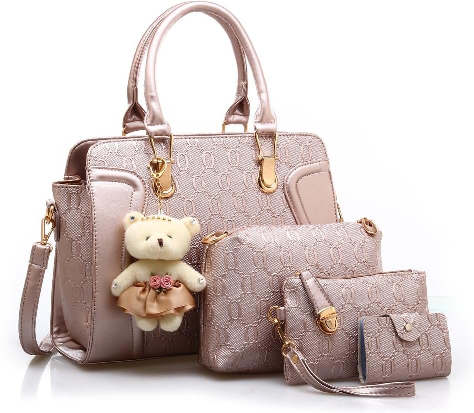 MORGLOVE Fashion Women PU Leather Handbag Top Handle bag Messenger Bag Shoulder Bag Tote Bag Card Purse in Gold (4 Pcs Set) MORGLOVE Fashion Women PU Leather Handbag Top Handle bag Messenger Bag Shoulder Bag Tote Bag Card Purse in Gold (4 Pcs Set)