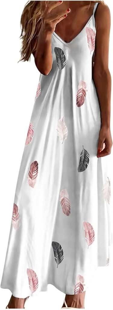 Maxi Dress for Women Summer Sling Vest Dress Sexy V-Neck Sleeveless Floral Spaghetti Strap Long Dress Loose Summer Beach Sundress Vacation Maxi Dress Plus Size Sundress Casual Party Swing Dress