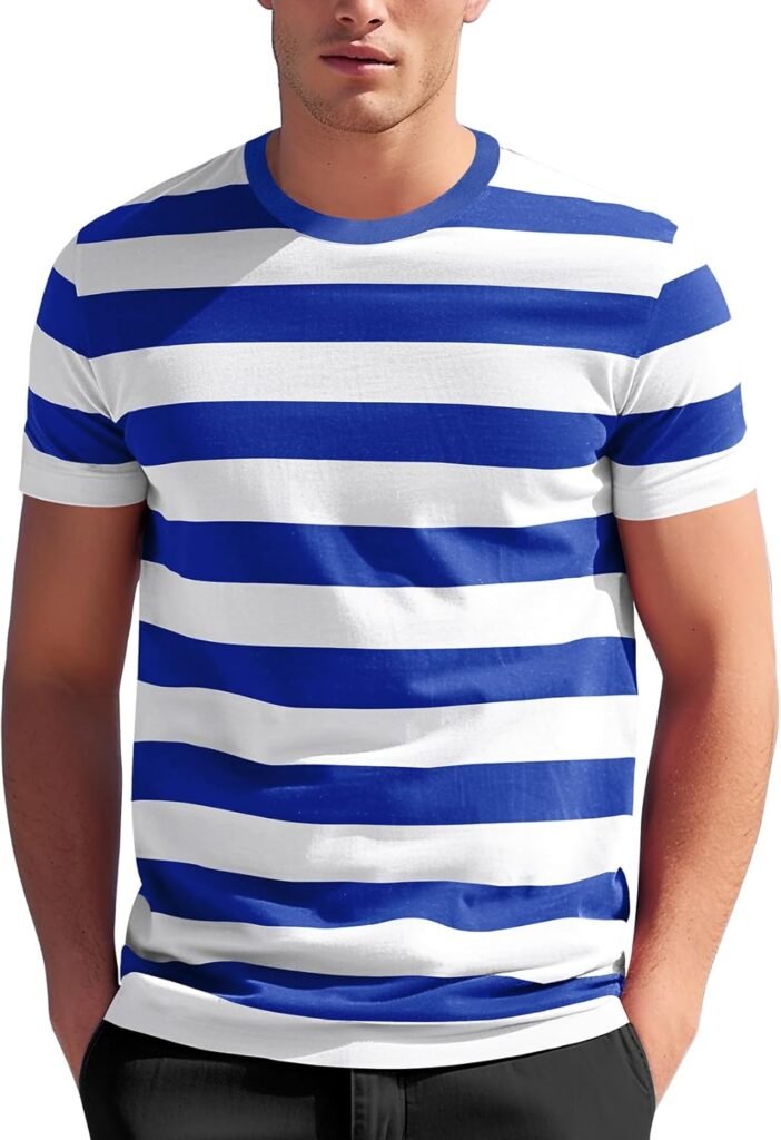 Mens Striped T-Shirt Basic Short Sleeve Cotton Spandex Crew Neck T Shirt Men