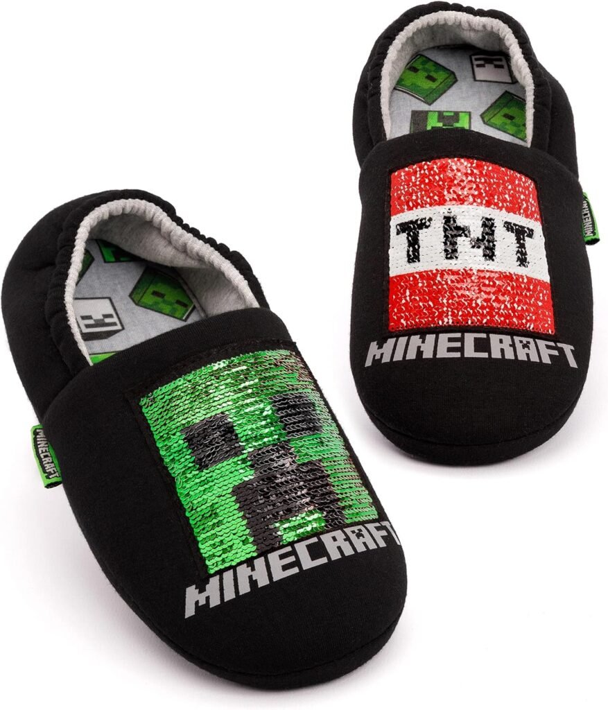 Minecraft Slippers for Boys | Various Styles Kids Blue Navy Black Sequin Creeper Boys House Shoes | Children & Teens Gaming Footwear Merchandise
