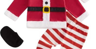 MoccyBabeLee Baby Christmas Outfit, Long Sleeve Patchwork Top with Striped Pants Hat Shoe Covers Cosplay Costume MoccyBabeLee Baby Christmas Outfit, Long Sleeve Patchwork Top with Striped Pants Hat Shoe Covers Cosplay Costume