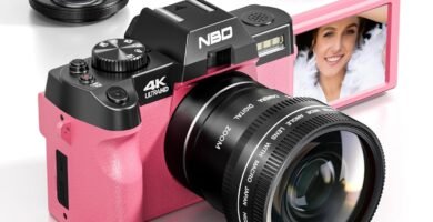 NBD 4K Digital Cameras for Photography – 48MP/60FPS Video Camera for Vlogging, WiFi & App Control, YouTube Vlogging Camera with 32GB TF Card. Wide-Angle & Macro Lens Included (Pink)