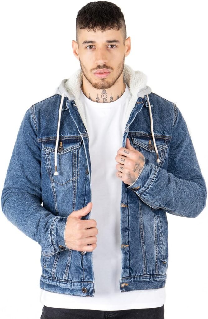 NOROZE Men’s the Trucker Denim Long Sleeve Jacket | Washed Denim Sherpa Fleece Hoodie Western Style Jean Coat UK Sizes S-XXL