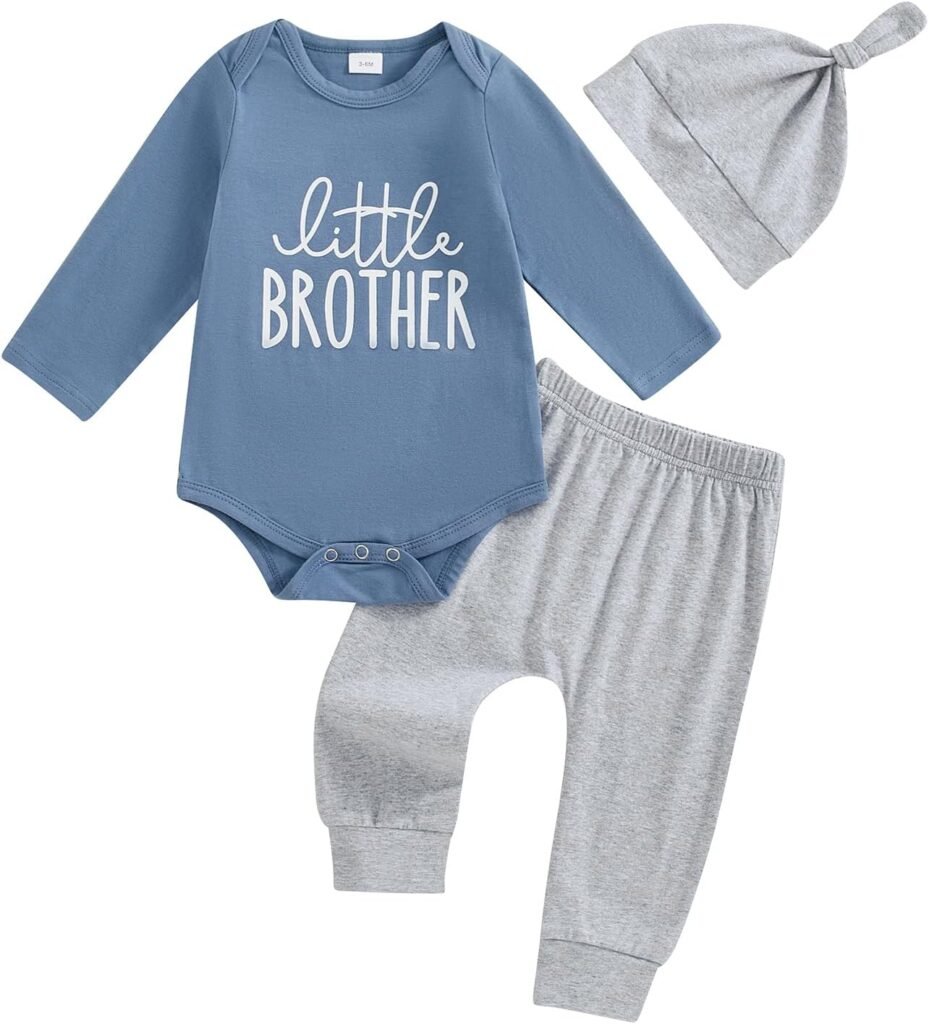 Newborn Baby Boy Clothes Long Sleeve Little Brother Letter Print Romper Top Drawstring Elastic Trouser Set Hat 3Pcs Fall Tracksuit