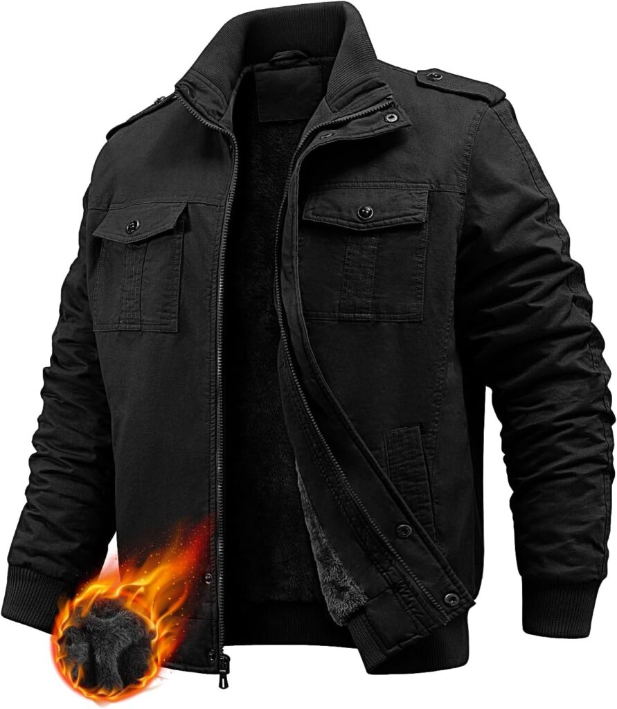 PASUDA Men’s Winter Jacket Fleece Lined Coat Warm Cotton Military Jacket Bomber Cargo Coats with Multi Pockets Thermal Thick Windbreaker Jackets For Work Casual Outdoor