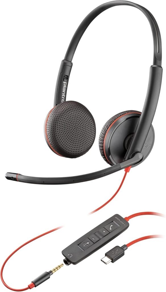 Poly Blackwire 3225 Wired Headset – Noise-Canceling Mic – Stereo Design – Connect to PC/Mac/Mobile via USB-C, USB-A, or 3.5mm – Works w/Teams, Zoom