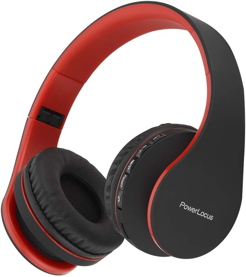 PowerLocus Wireless Bluetooth Over-Ear Stereo Foldable Headphones, Wired Headsets Noise Cancelling with Built-in Microphone for iPhone, Samsung, LG, iPad (Black/Red)