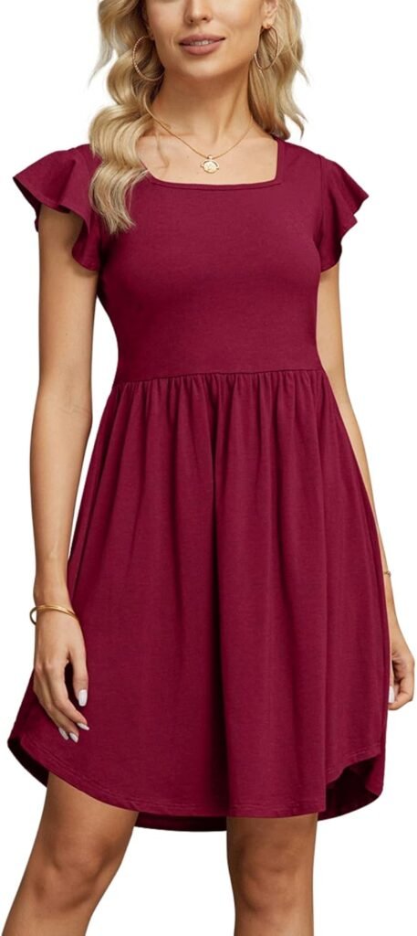 PrinStory Women Dresses Square Neck Summer Dress Ruffled Sleeves Sundress with Pockets